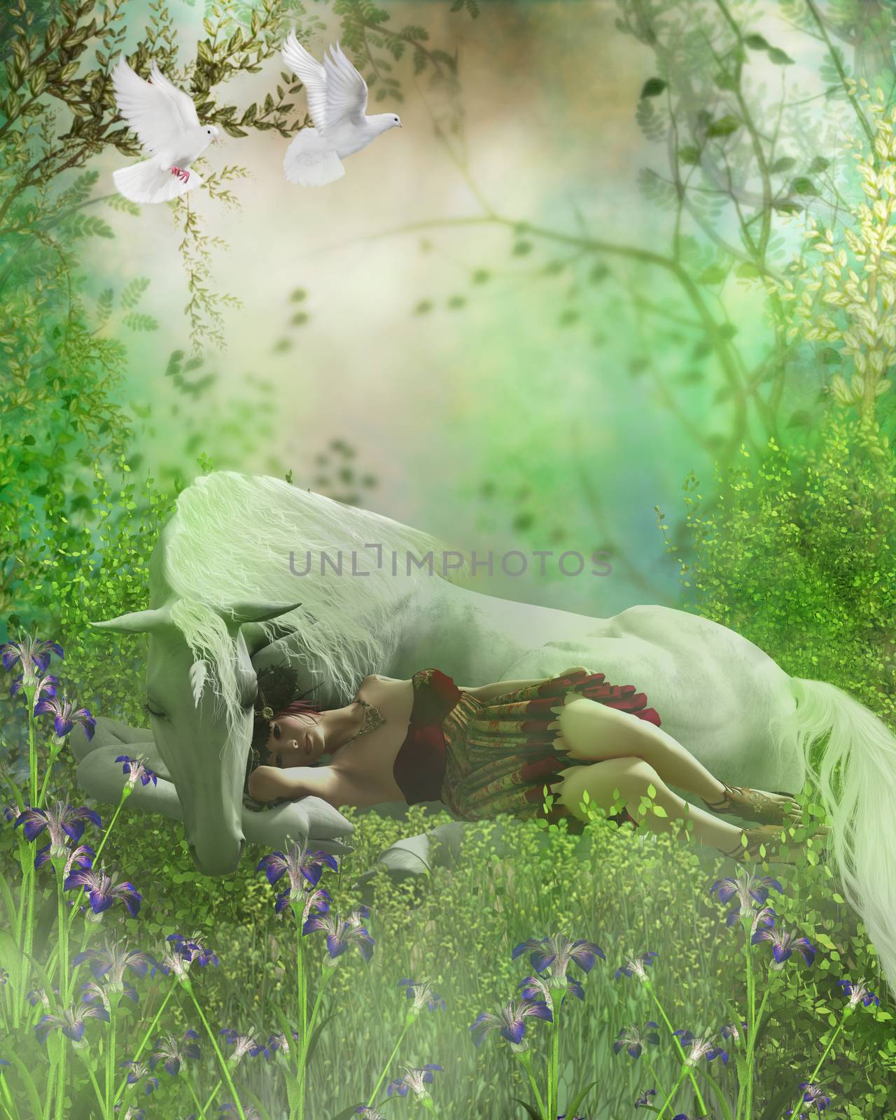 A forest fairy finds a white unicorn a nice resting place for an afternoon nap as white doves fly over.