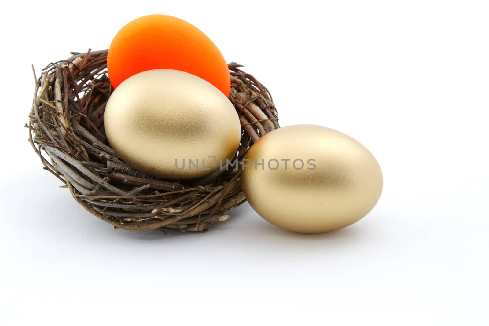 Red and gold nest eggs reflect risk issues in investments threatening portfolio, business, pension, savings, retirement goals. 