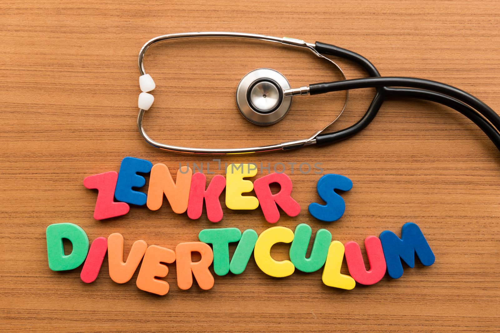 zenker's diverticulum colorful word with stethoscope on wooden background