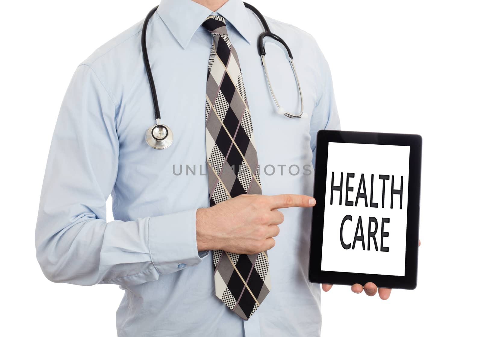 Doctor, isolated on white backgroun,  holding digital tablet - Healthcare