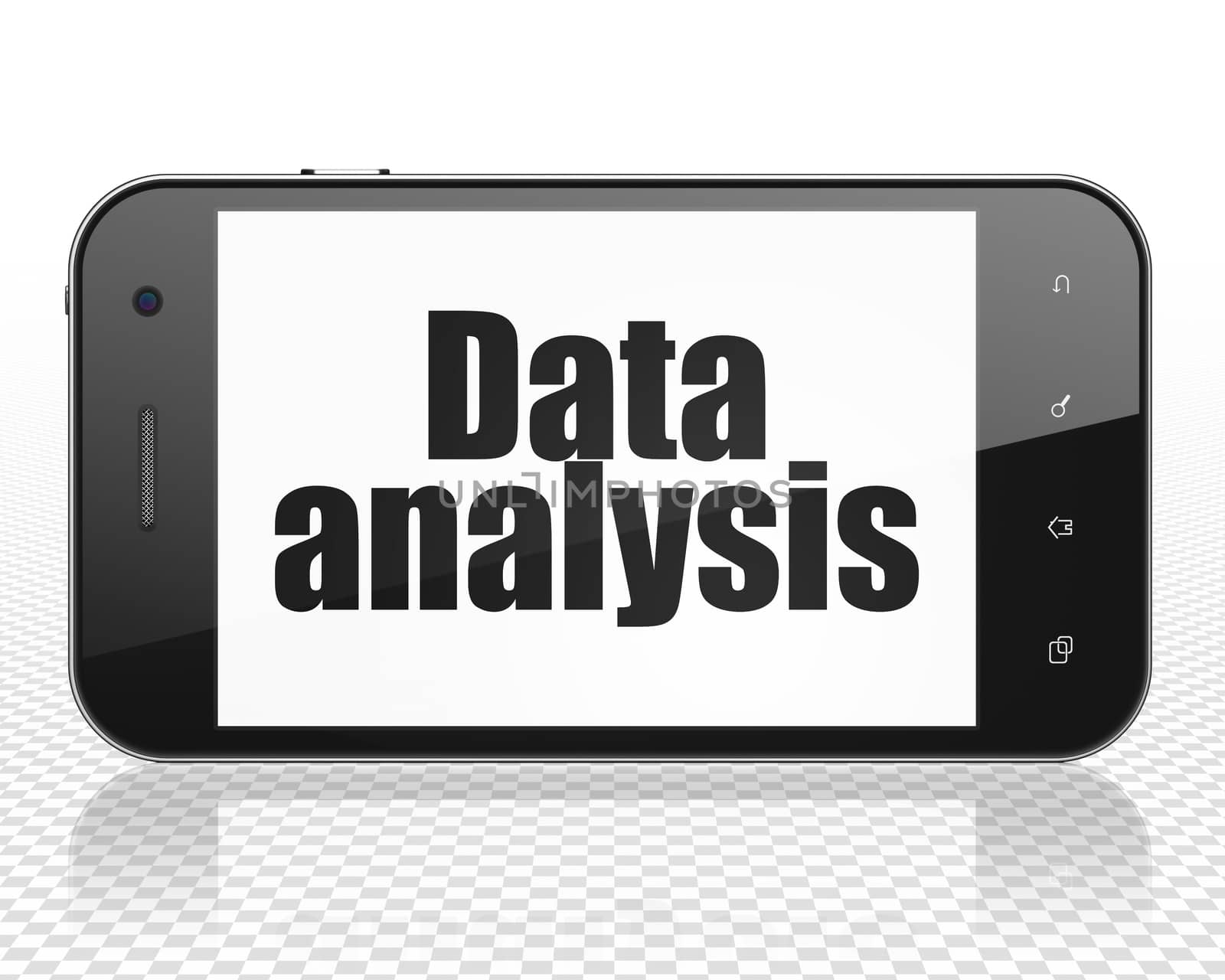 Data concept: Smartphone with black text Data Analysis on display, 3D rendering