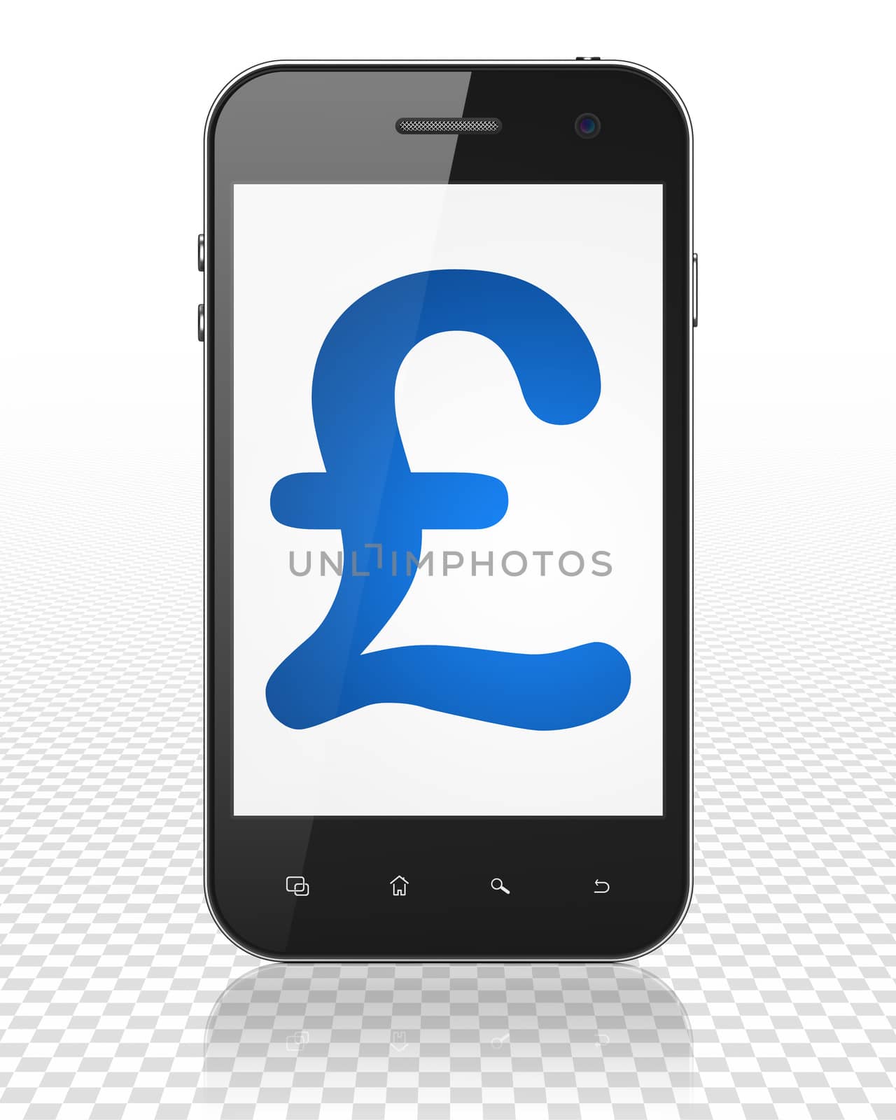 Money concept: Smartphone with blue Pound icon on display, 3D rendering