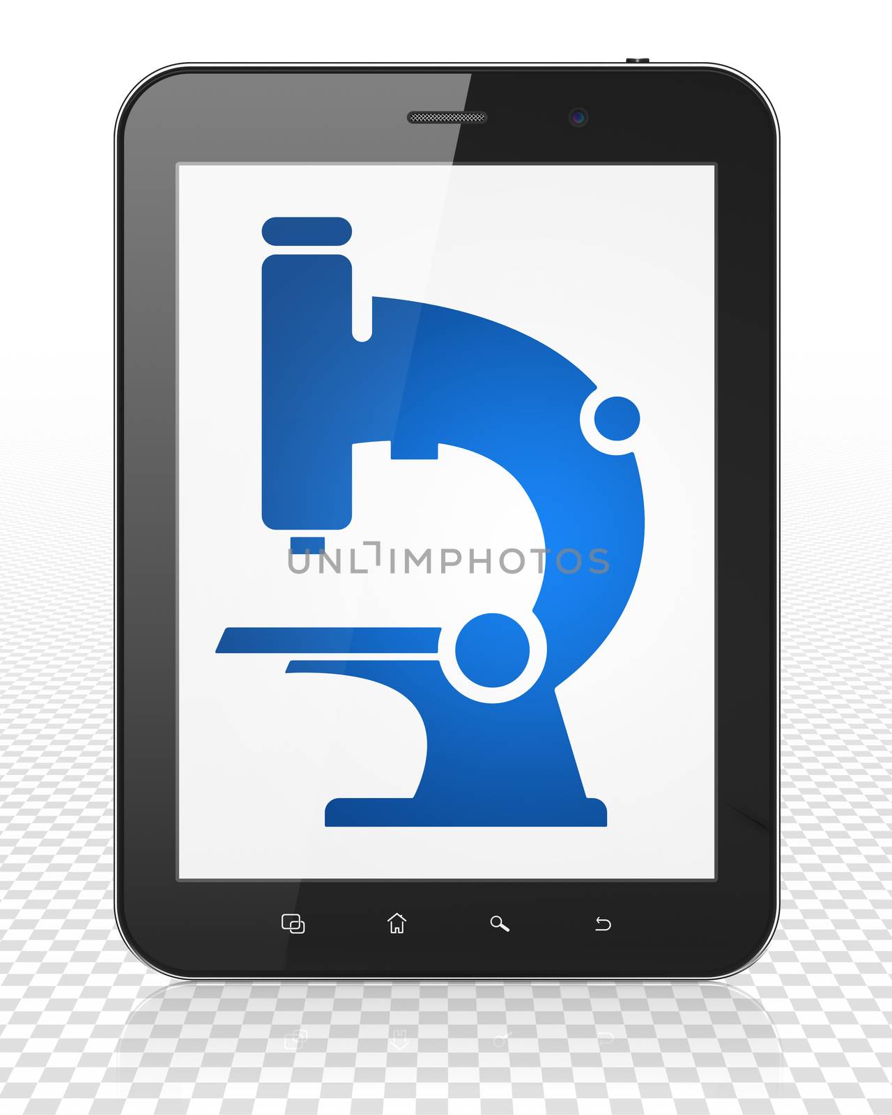 Science concept: Tablet Pc Computer with blue Microscope icon on display, 3D rendering