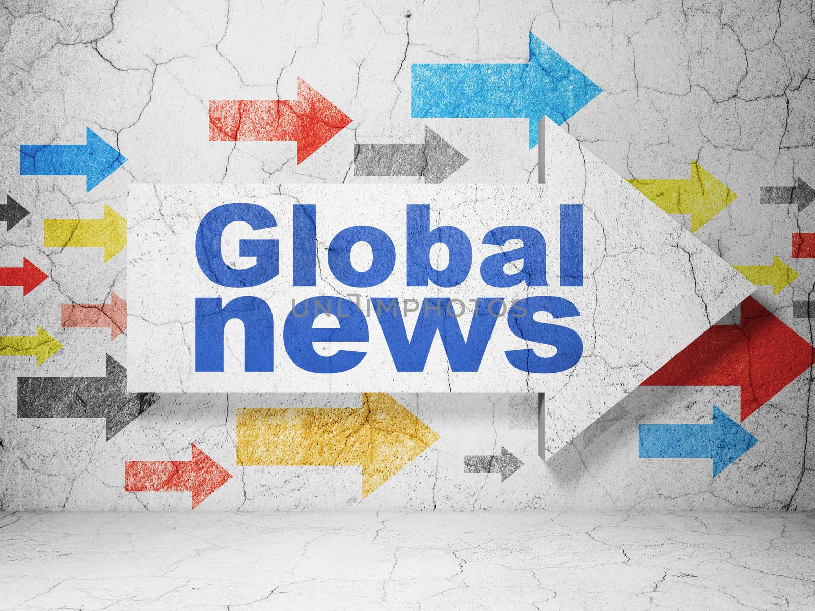 News concept:  arrow with Global News on grunge textured concrete wall background, 3D rendering