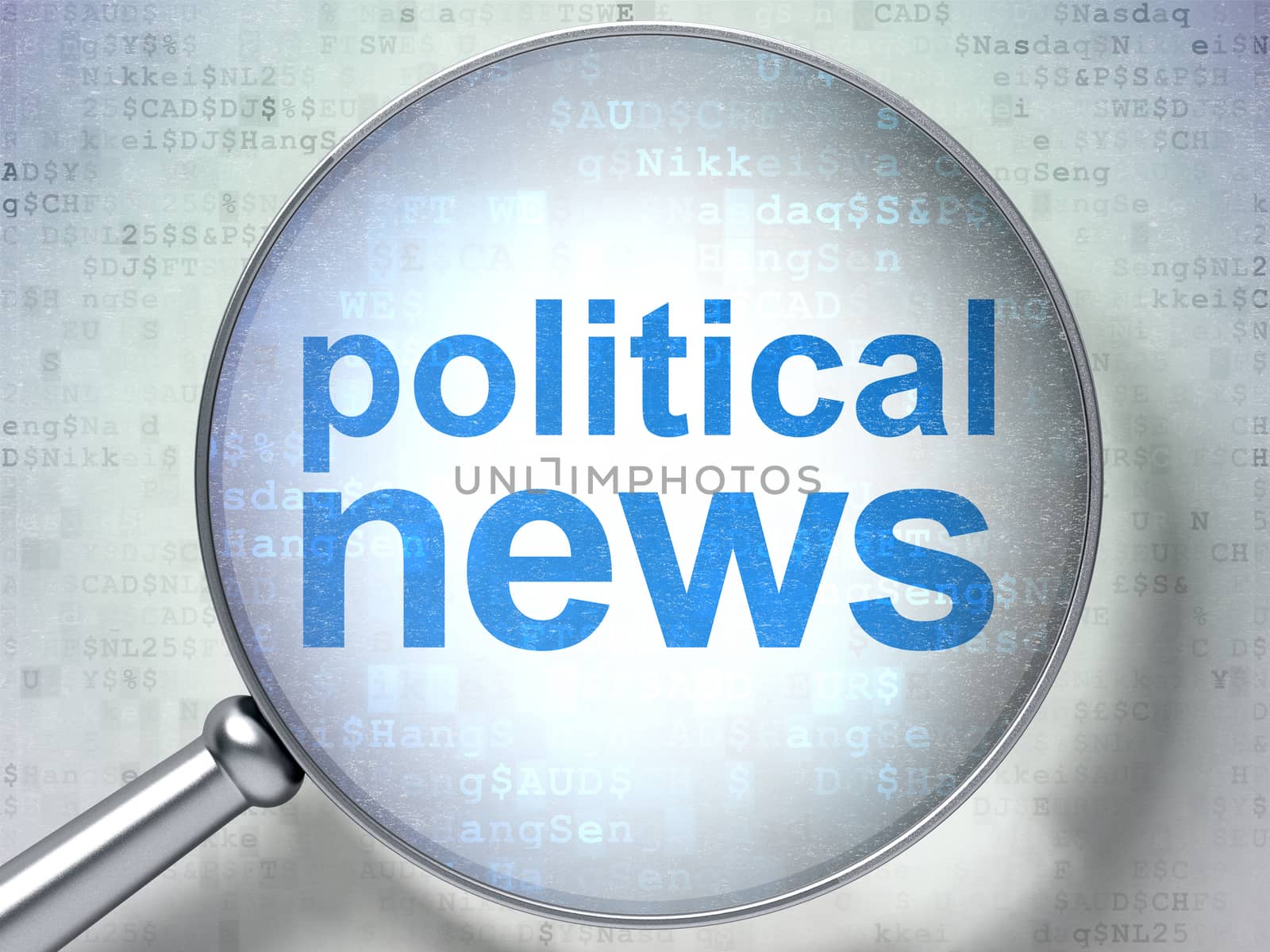 News concept: magnifying optical glass with words Political News on digital background, 3D rendering