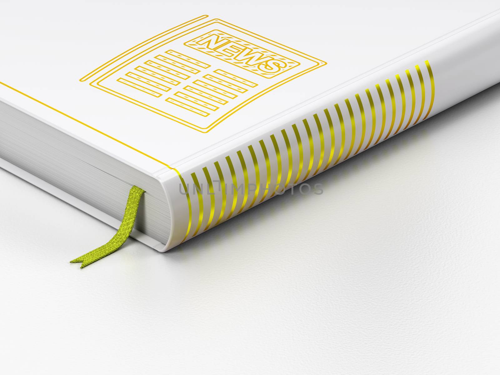 News concept: closed book with Gold Newspaper icon on floor, white background, 3D rendering