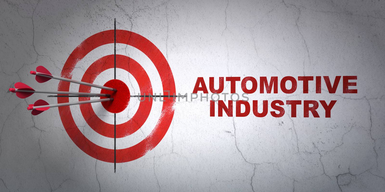 Success Industry concept: arrows hitting the center of target, Red Automotive Industry on wall background, 3D rendering