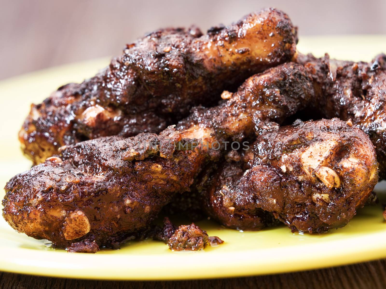 close up of spicy jamaican jerk chicken