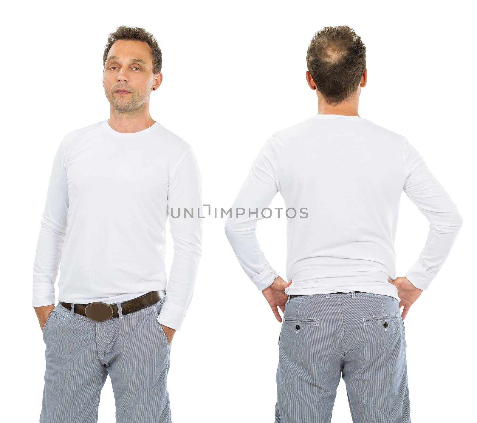Photo of a man posing with a blank white long sleeve shirt, ready for your artwork or design.