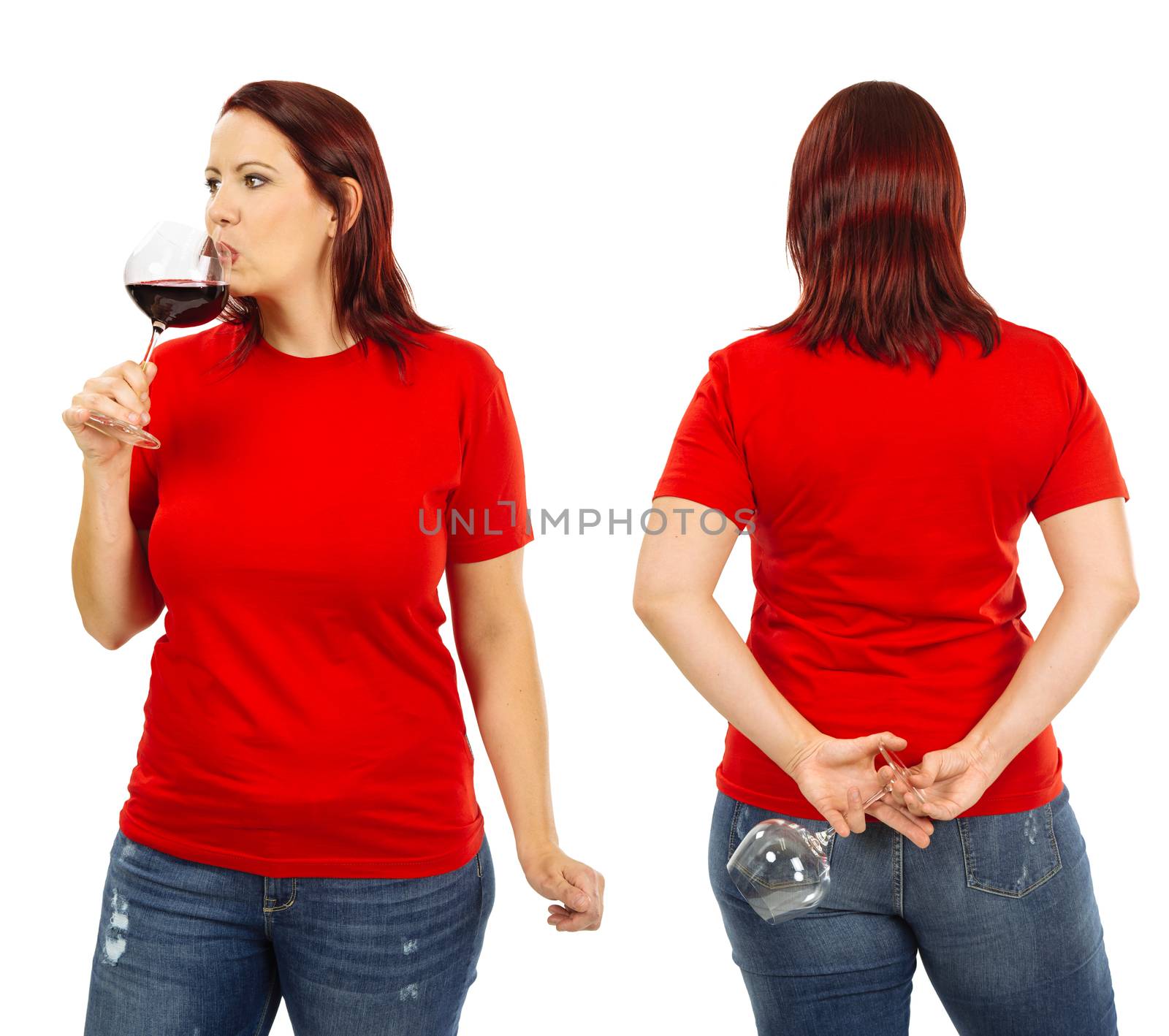 Photo of a woman posing with a blank red t-shirt drinking red wine, ready for your artwork or design.