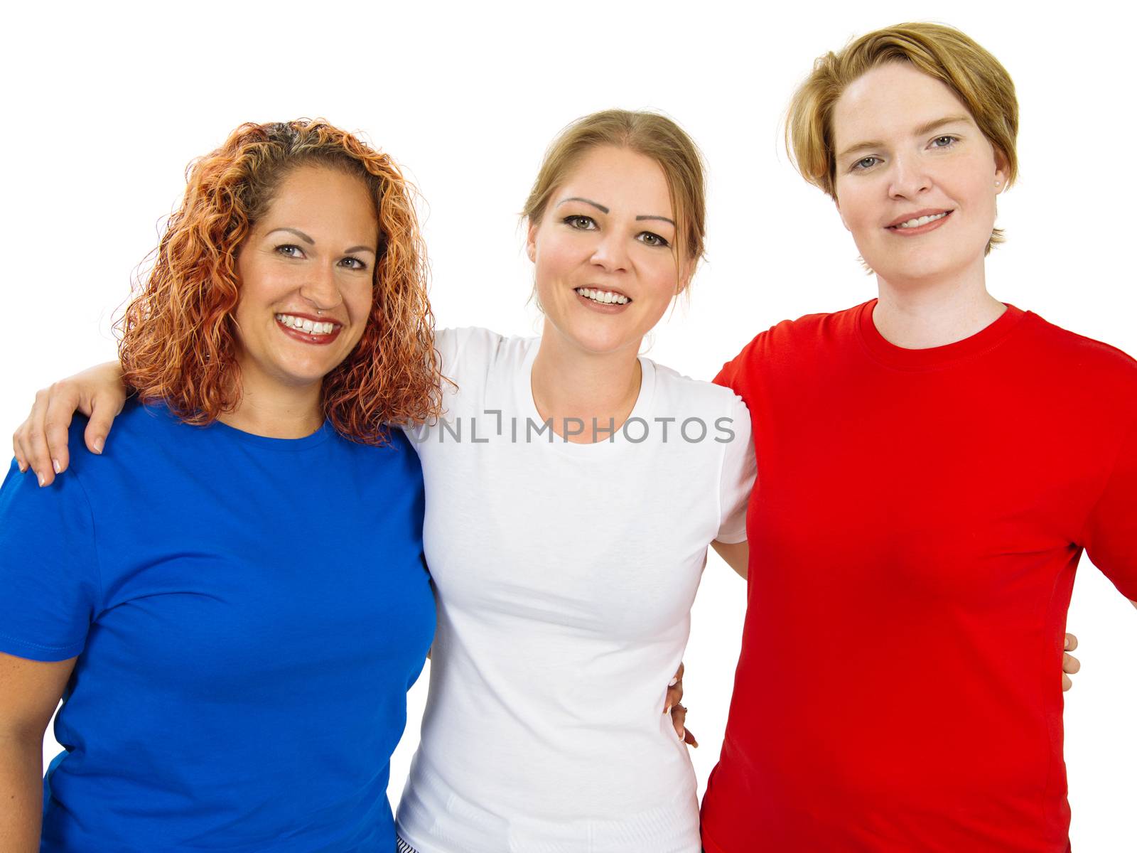 Women wearing blue white and red blank shirts by sumners