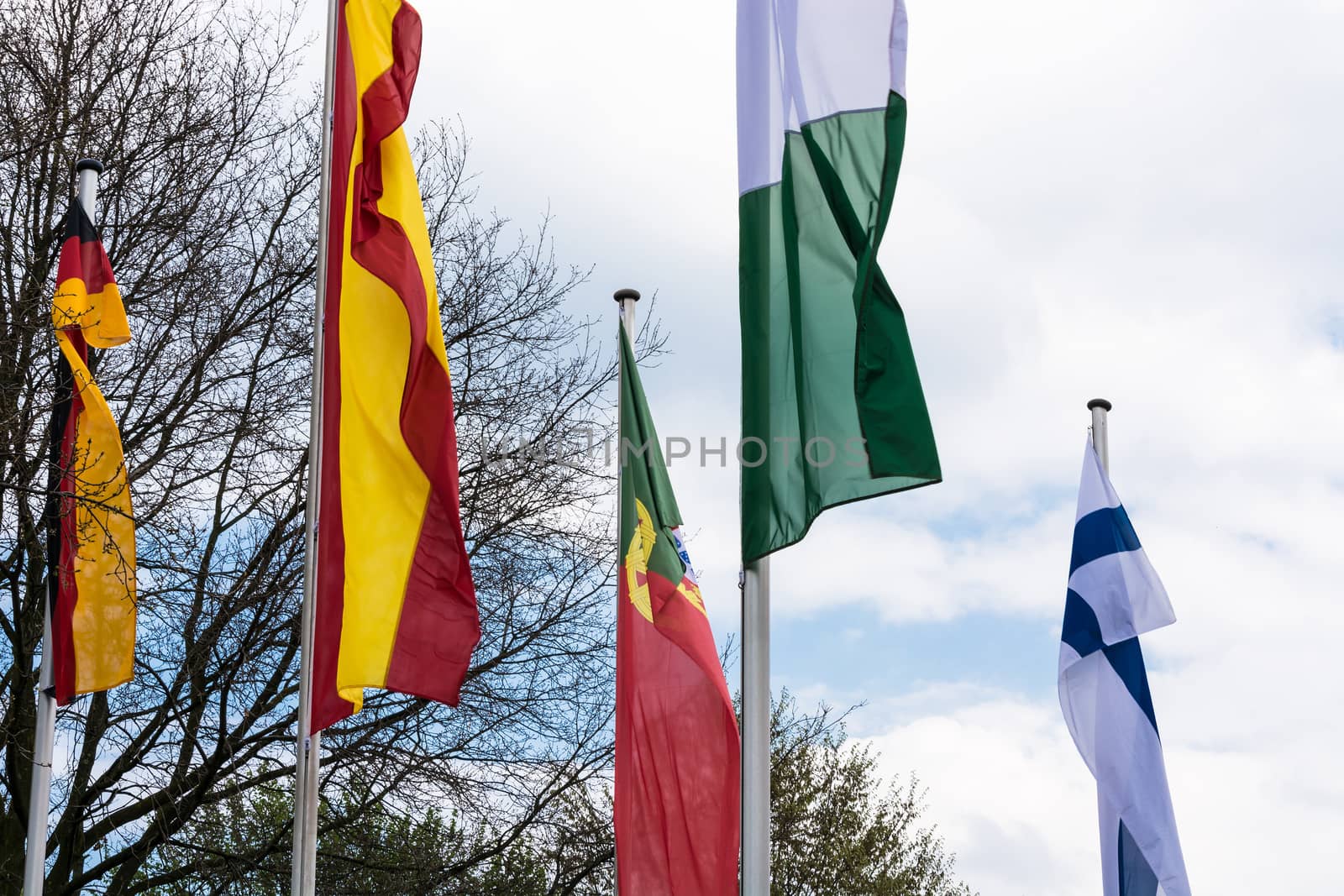 Several Europe countries flags arranged in front of a blue sky.