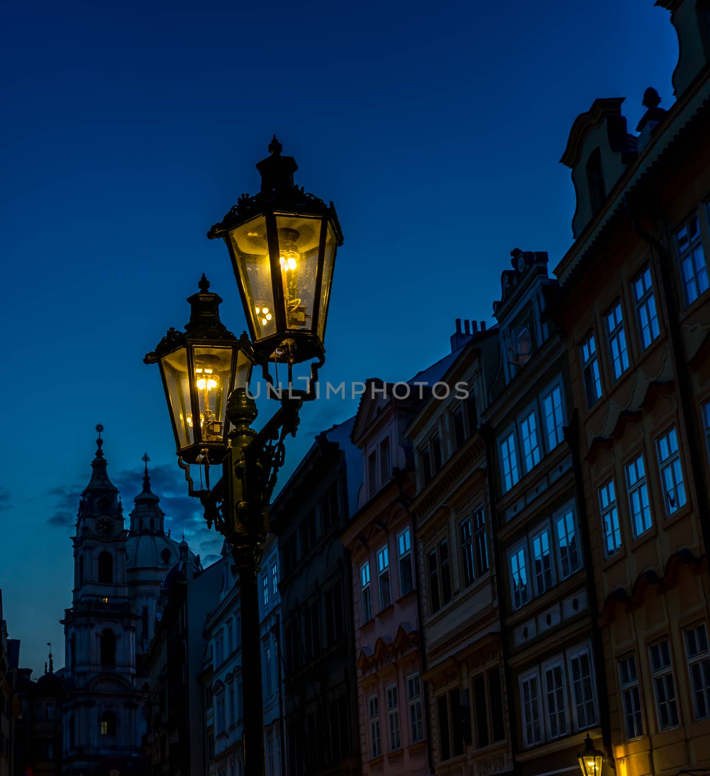Old Prague Town street lamps at night