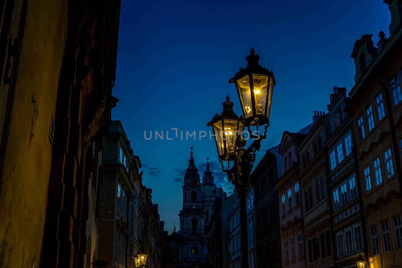 Old Prague Town street lamps at night by pomemick