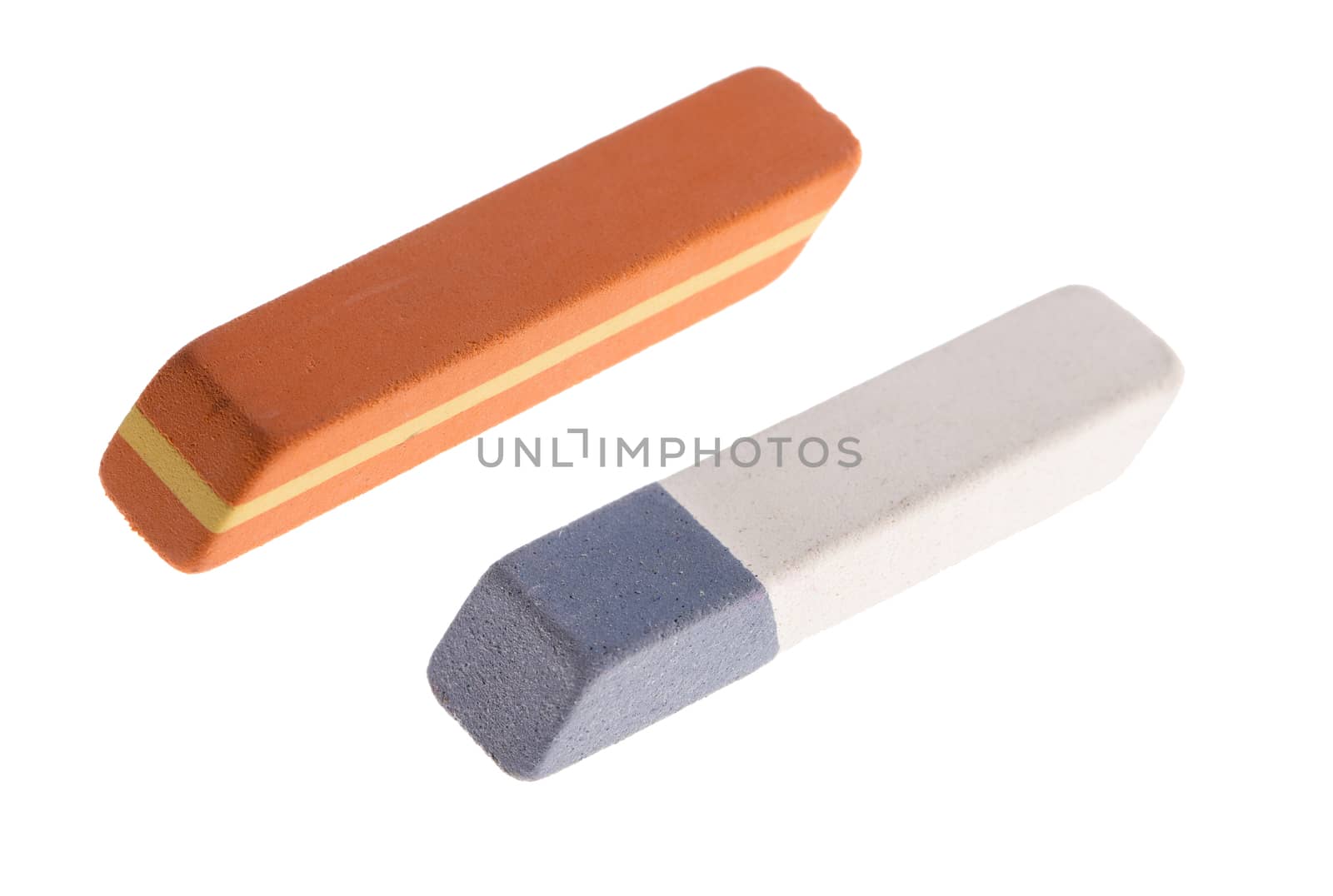 two erasers close-up isolated on white background