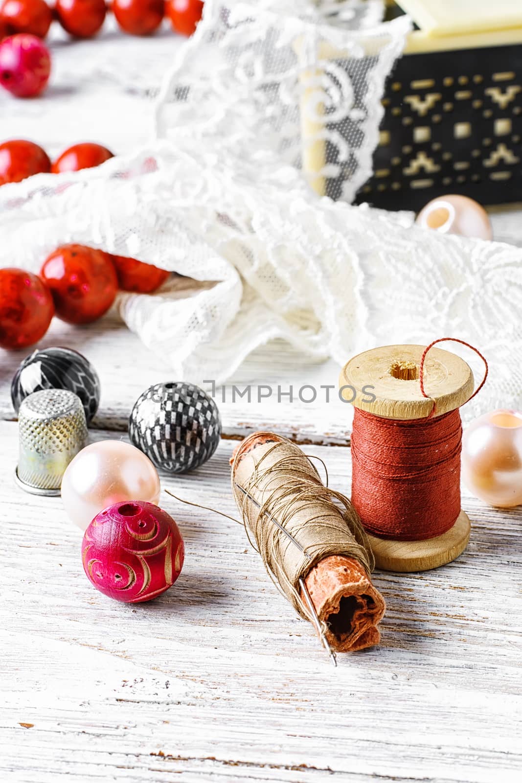 Sewing thread,white lace and beads with buttons