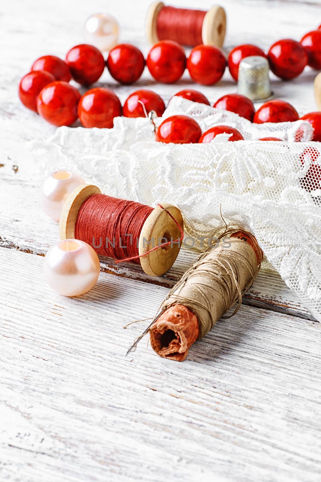 Bright red coral beads,lace and beads set of threads
