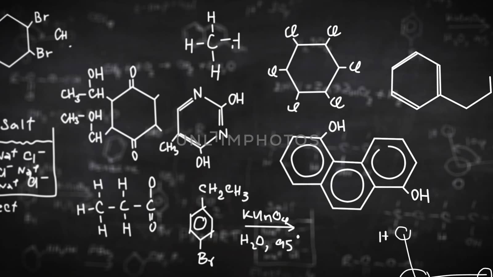 Chemical formulas on black background. Science concept.