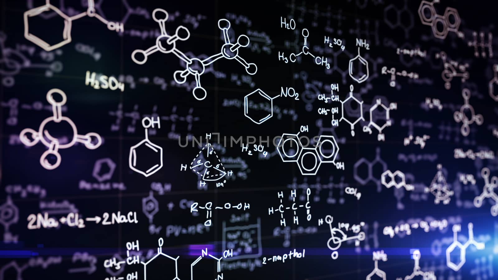 Chemical formulas on blue background. Science concept.