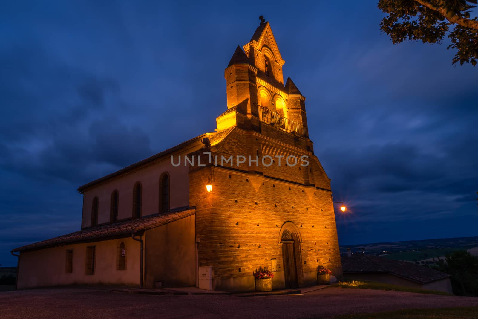 Illuminated church in Bellegarde-Sainte-Marie, France, close to Toulouse.