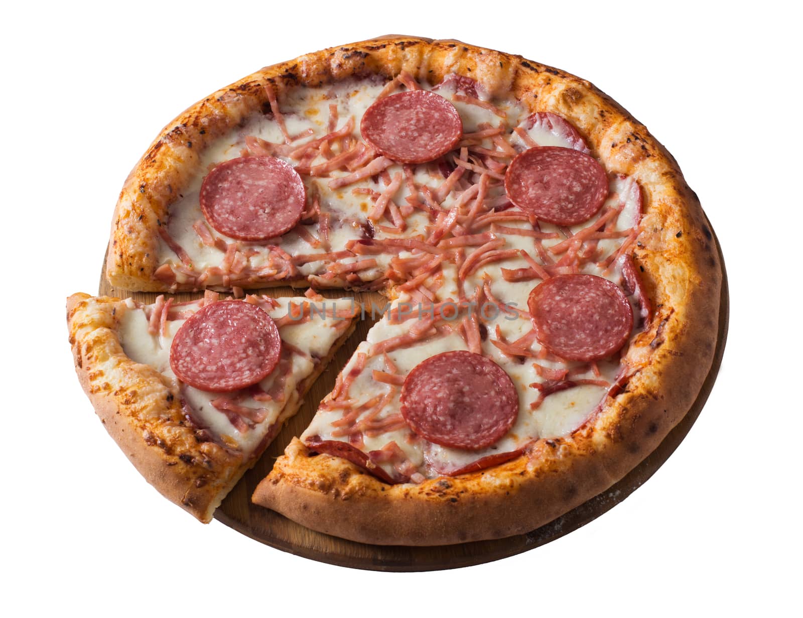 Tasty pizza with ham and salami, isolated  by kzen