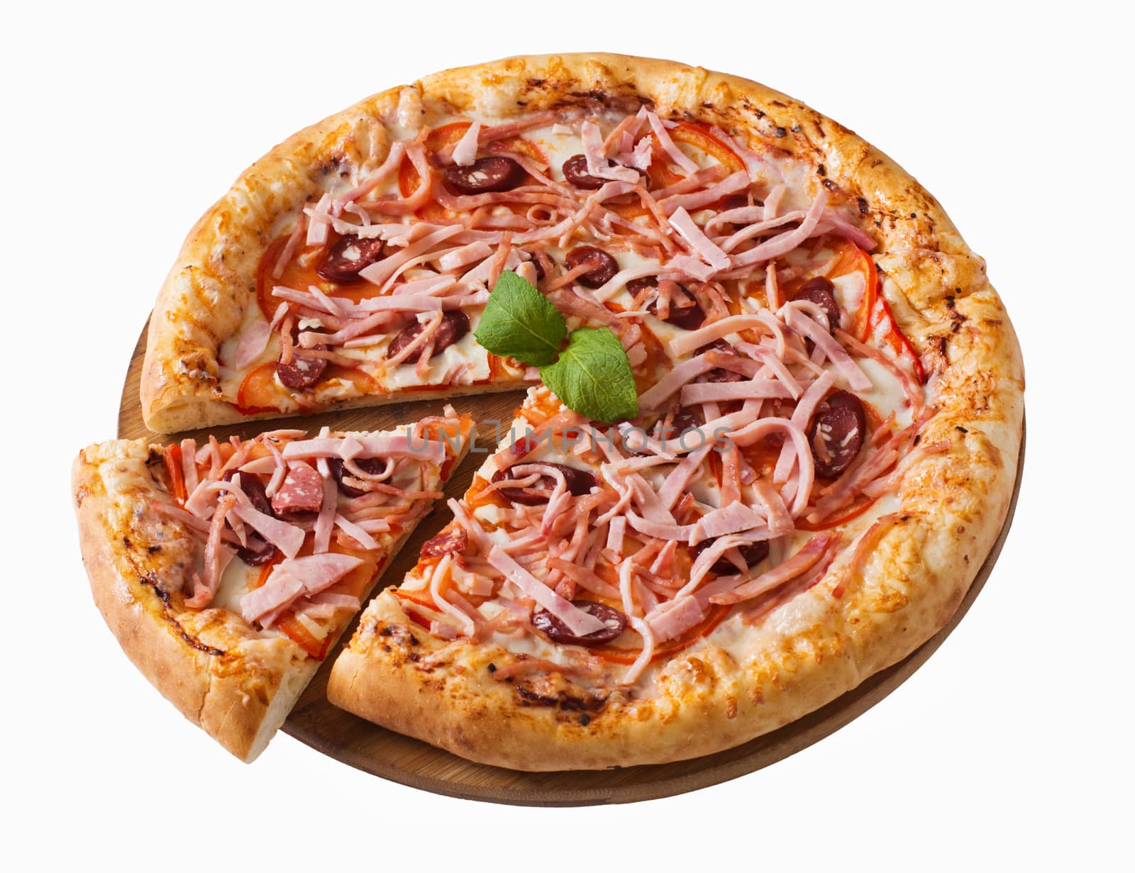 Tasty pizza with ham and sausage, isolated  by kzen