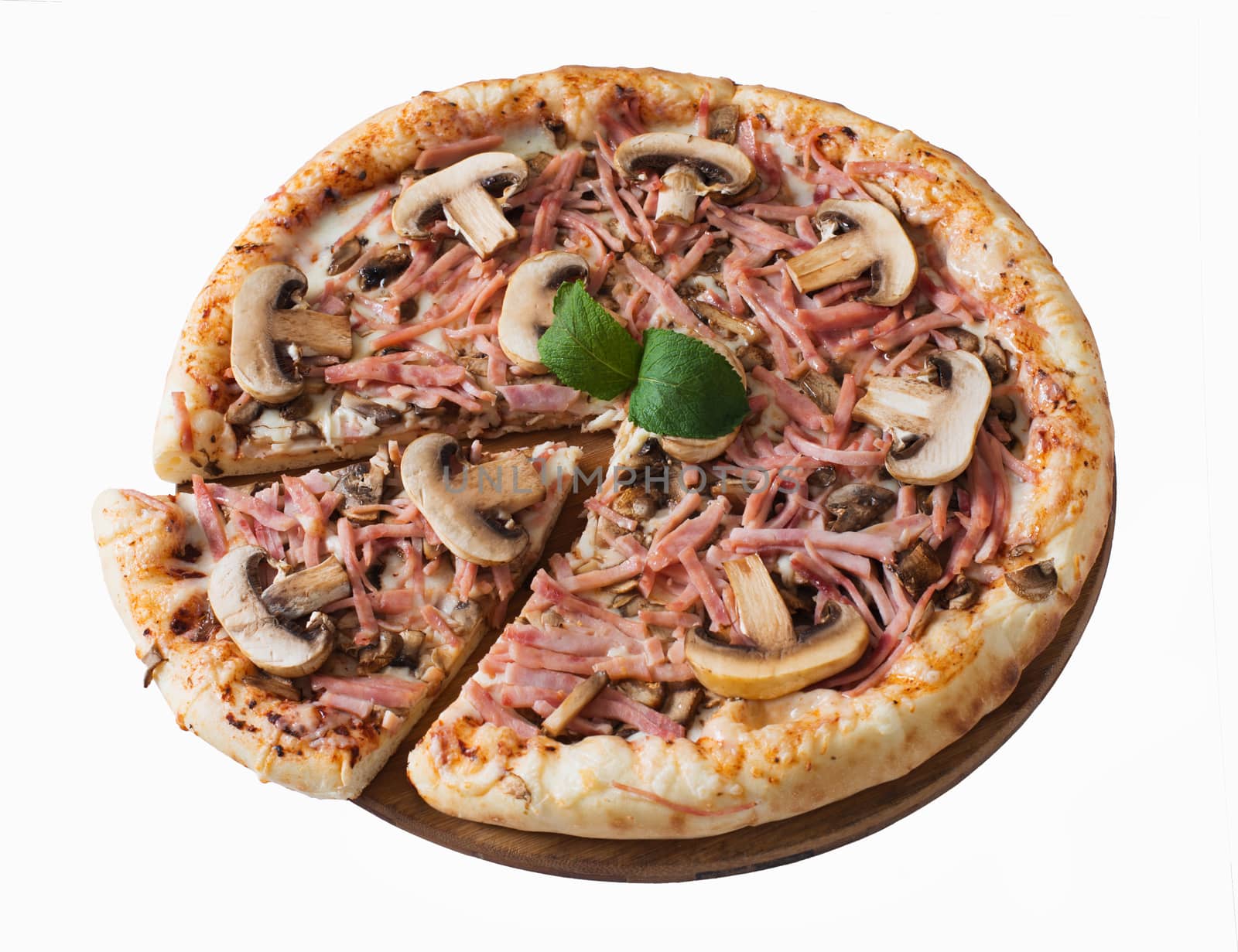 Tasty pizza with ham and mushrooms, isolated  by kzen