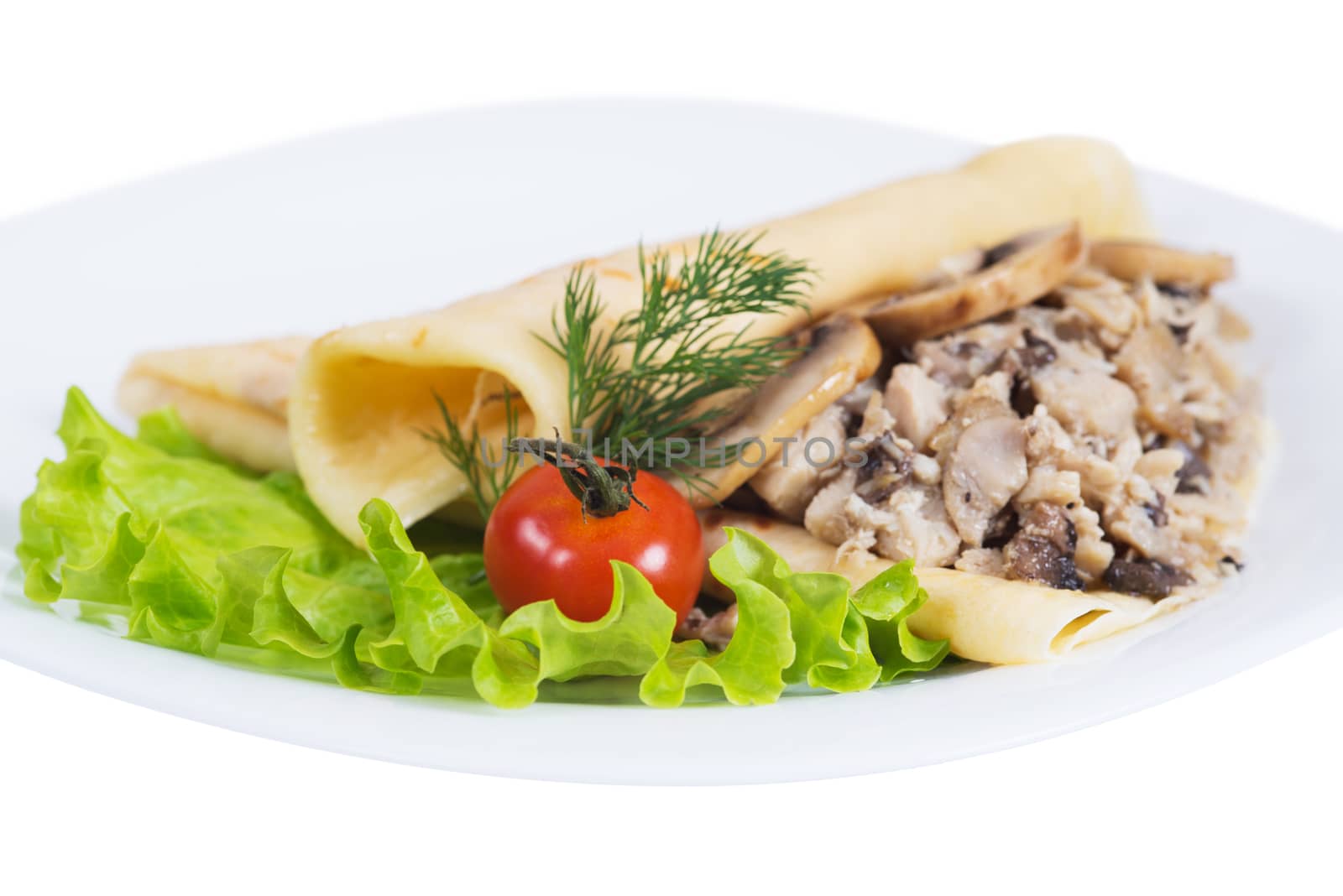Pancakes with meat and mushrooms on plate by kzen