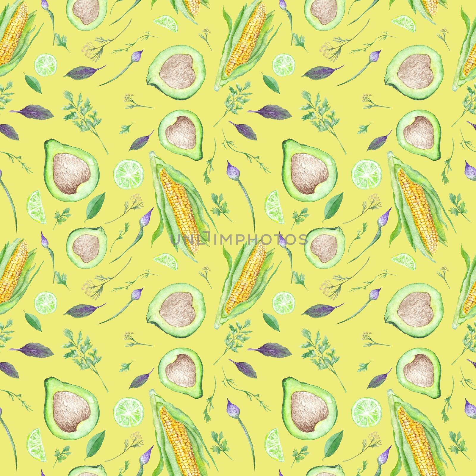 Seamless vegetarian pattern with watercolor vegetable illustrations on bright yellow color