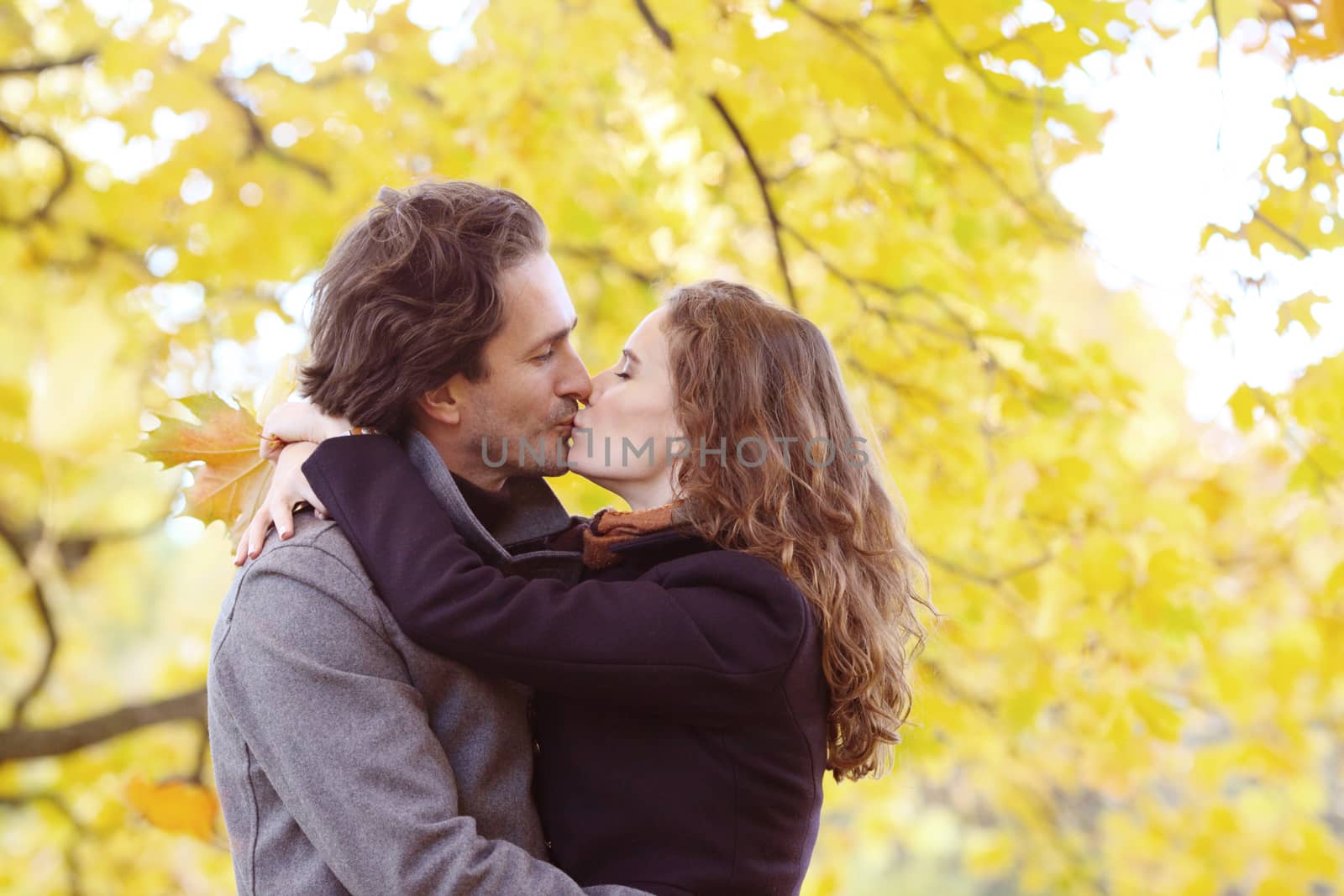 Happy couple kissing in autumn park with yellow trees