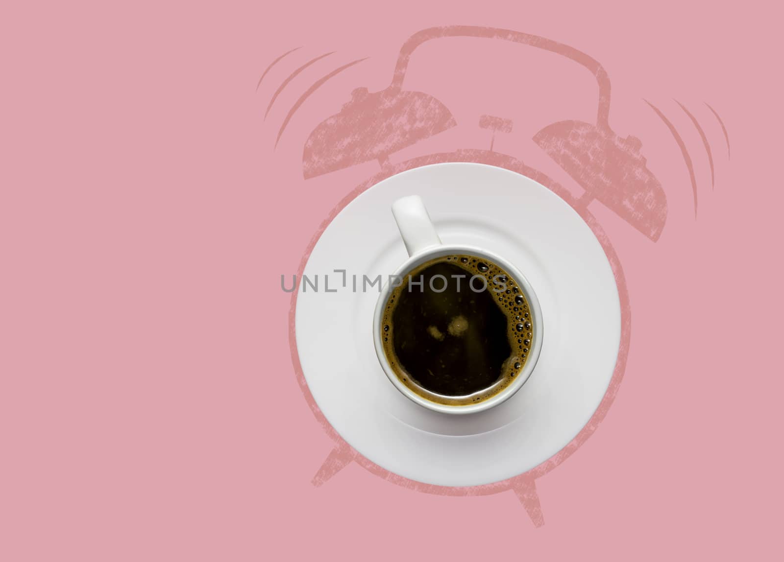 Creative concept photo of a coffee cup on a plate and illustrated alarm clock on pink background.