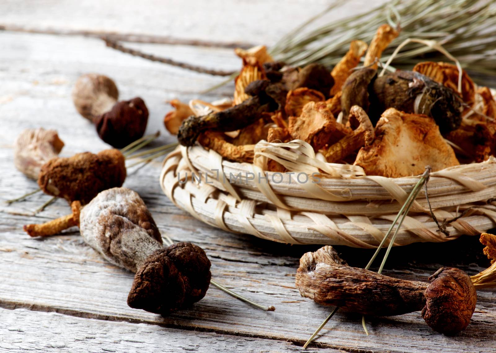 Arrangement of Forest Dried Mushrooms with Chanterelles, Porcini, Boletus Mushrooms and Dry Stems closeup Rustic Wooden background. Focus on Foreground