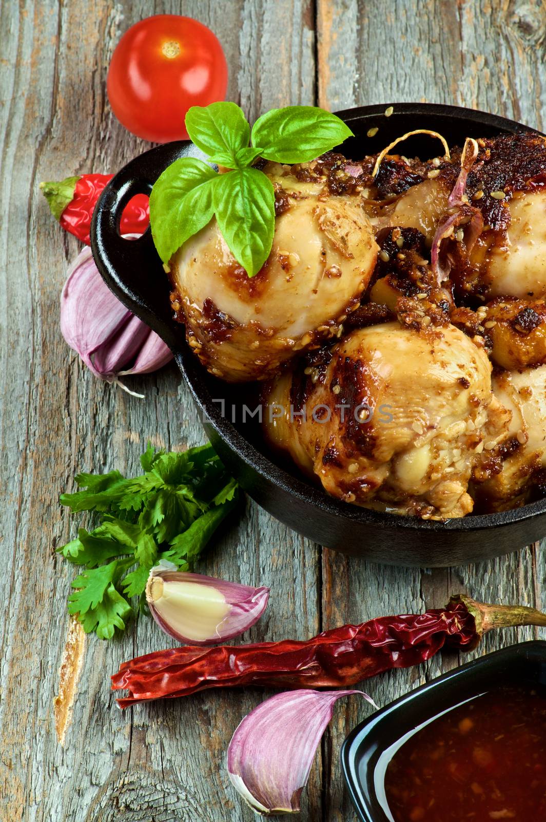 Delicious Spicy Roasted Chicken Legs with Herbs, Sauce and Spices in Black Frying Pan closeup on Rustic Wooden background