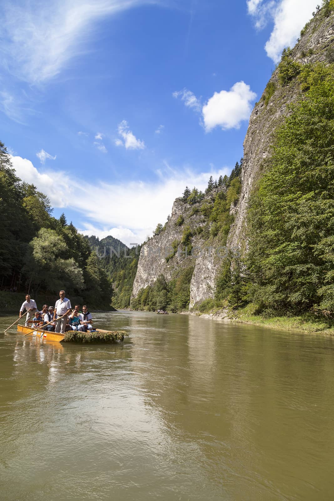 SZCZAWNICA, POLAND - AUGUST 14, 2016 : Dunajec River Gorge .View from boat rafting. 18-kilometer  route runs through the Pieniny Mountains to Szczawnica, National Park,  by river on the border between Poland and Slovakia.