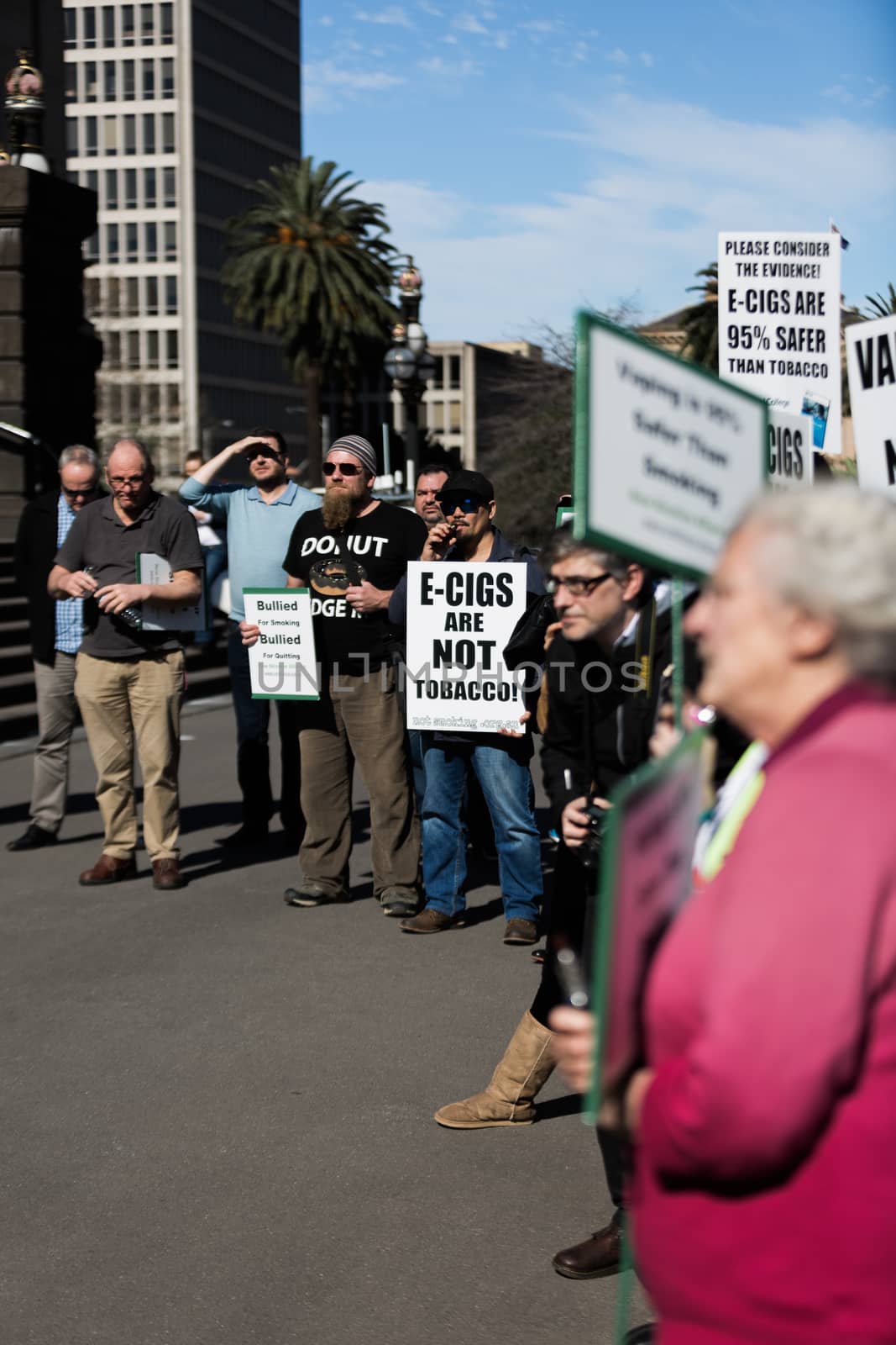 MELBOURNE/AUSTRALIA - AUGUST 16, 2016: Protesters from the New Nicotine Alliance held a rally outside the Victorian Parliament house on Tuesday in time for Question Time.