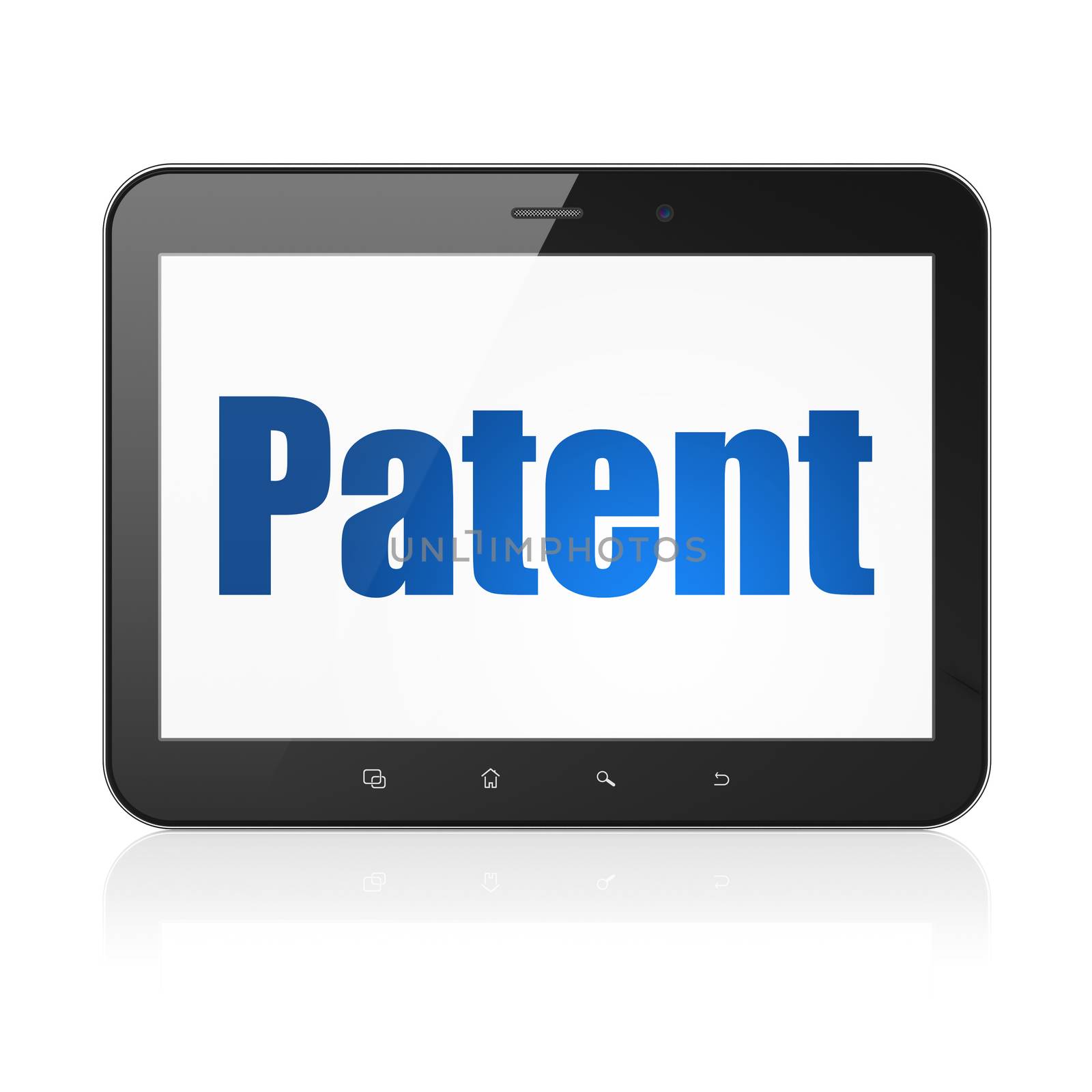 Law concept: Tablet Computer with  blue text Patent on display,  Tag Cloud background, 3D rendering
