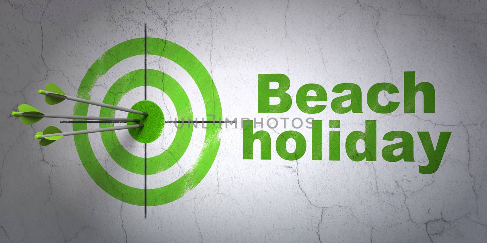 Success tourism concept: arrows hitting the center of target, Green Beach Holiday on wall background, 3D rendering