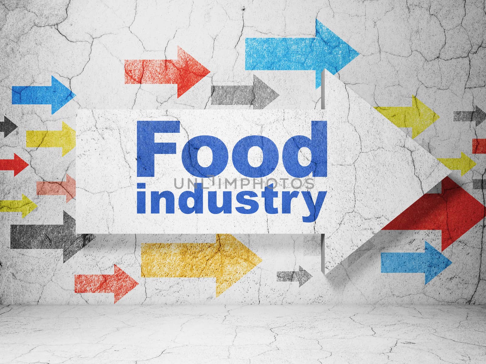 Industry concept:  arrow with Food Industry on grunge textured concrete wall background, 3D rendering