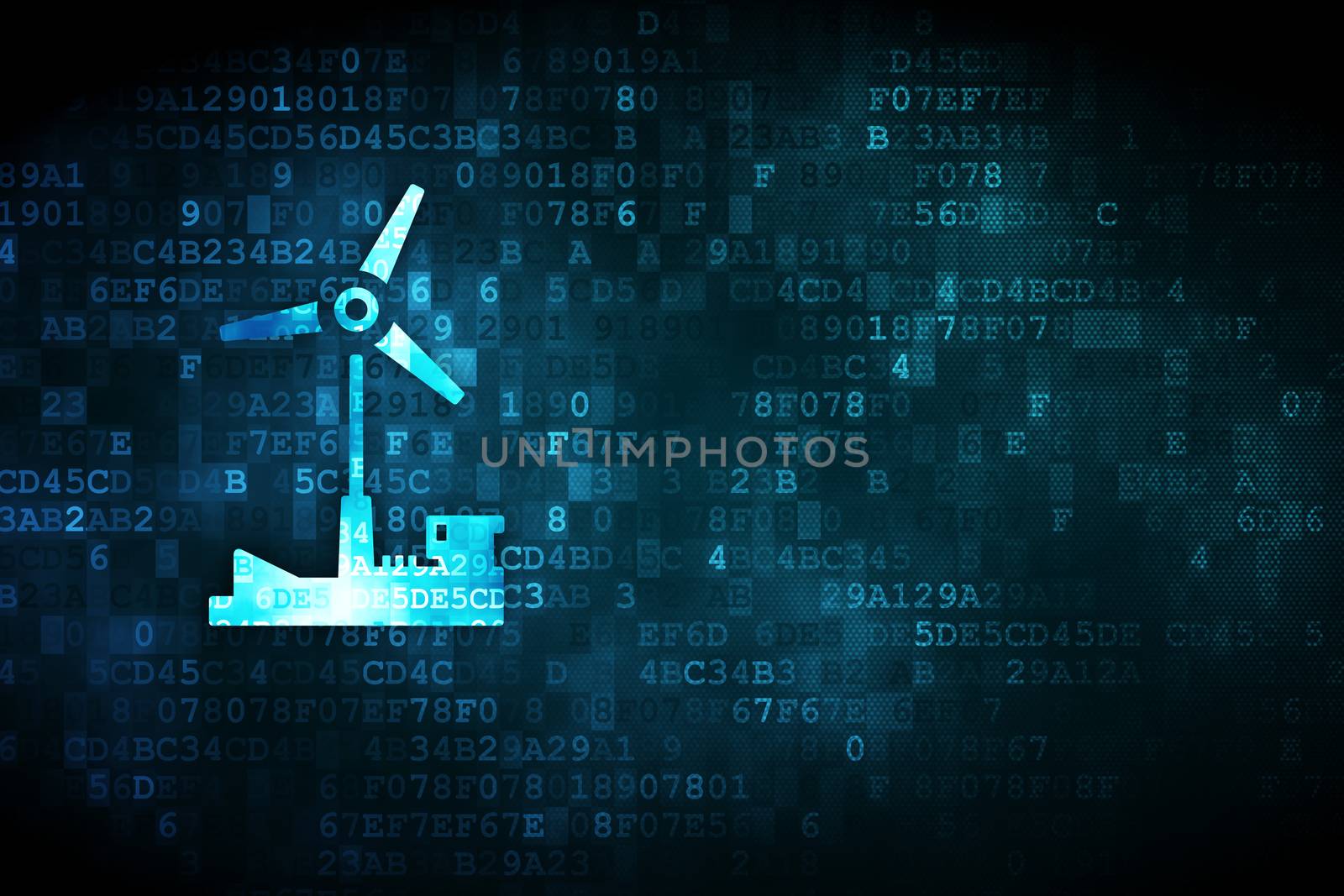 Manufacuring concept: pixelated Windmill icon on digital background, empty copyspace for card, text, advertising