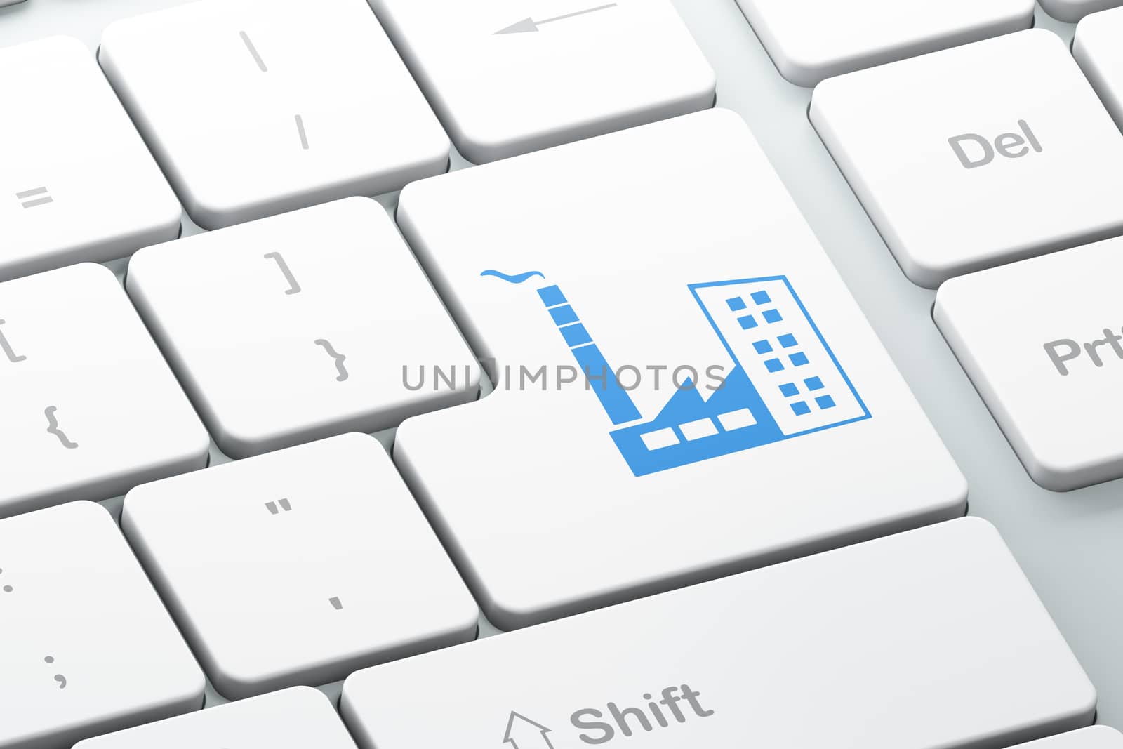Manufacuring concept: Enter button with Industry Building on computer keyboard background, 3D rendering