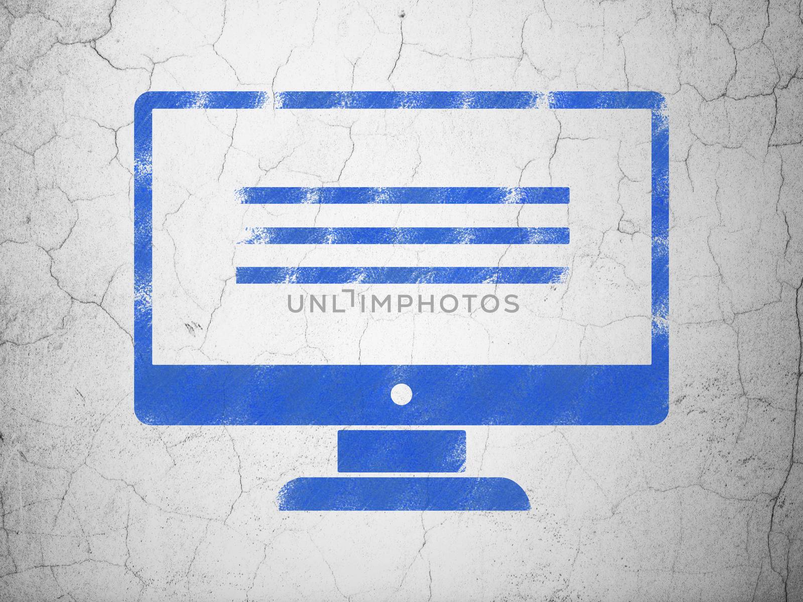 Database concept: Blue Monitor on textured concrete wall background
