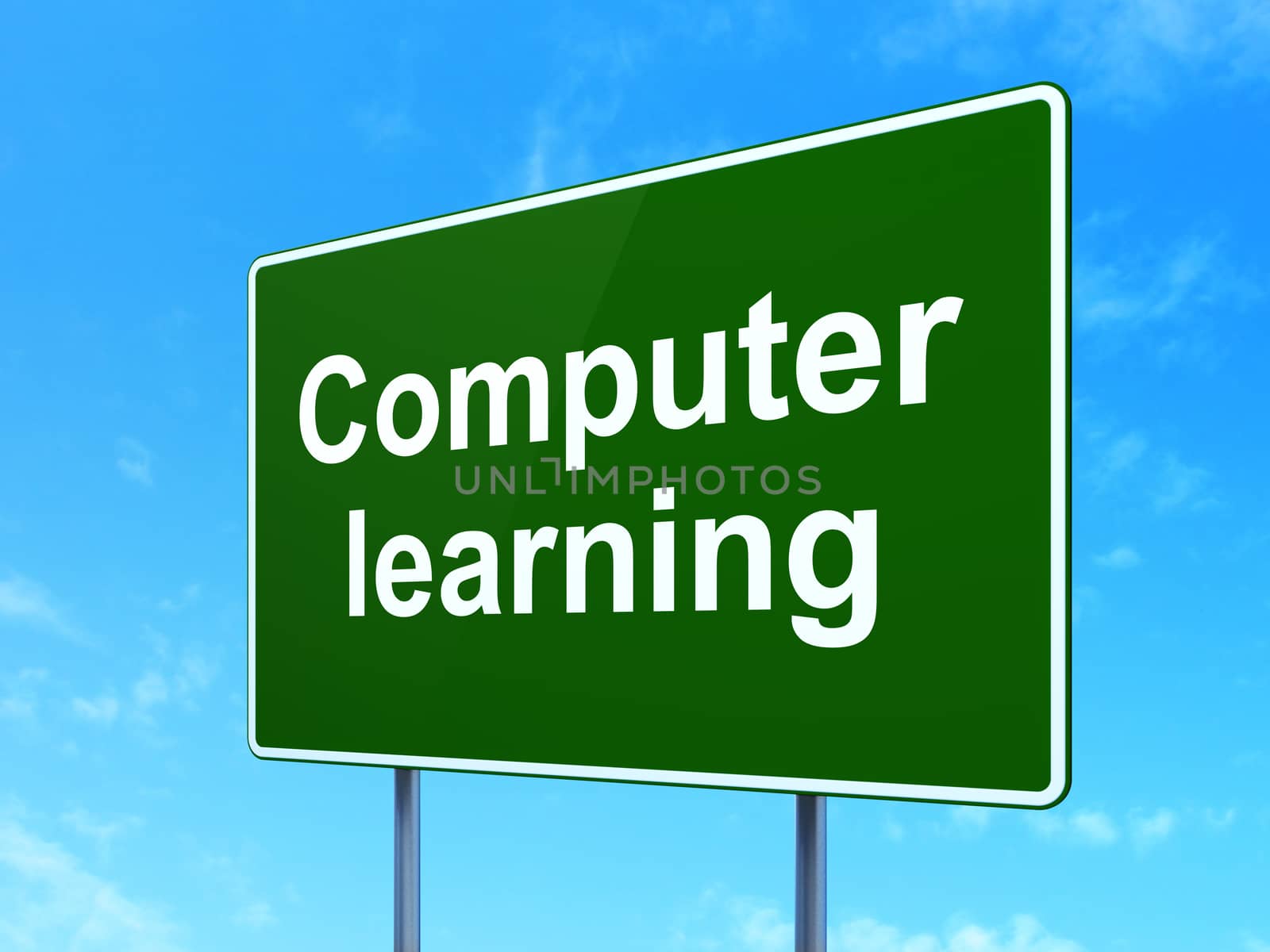 Studying concept: Computer Learning on green road highway sign, clear blue sky background, 3D rendering