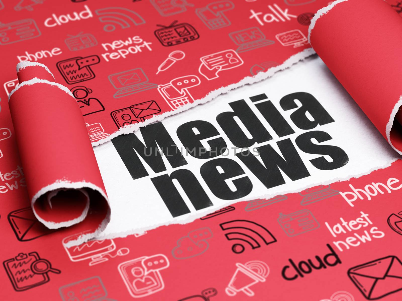 News concept: black text Media News under the curled piece of Red torn paper with  Hand Drawn News Icons, 3D rendering