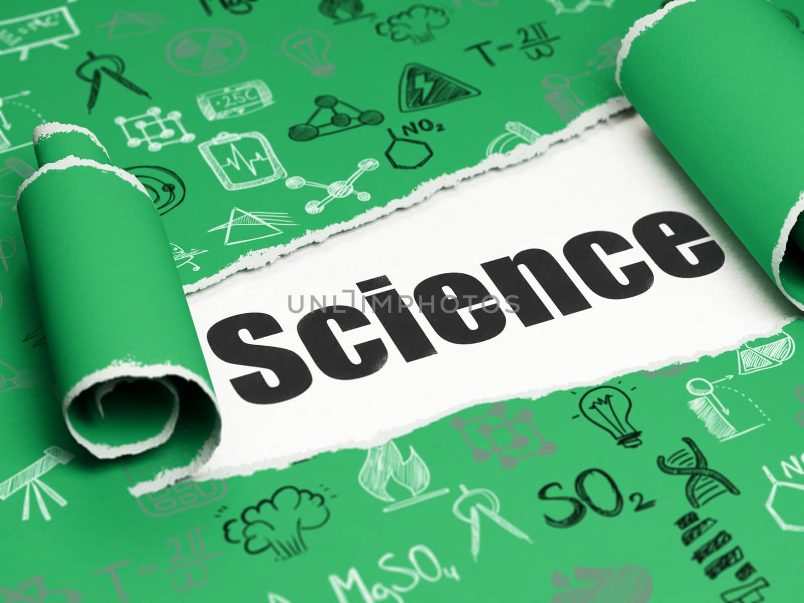 Science concept: black text Science under the curled piece of Green torn paper with  Hand Drawn Science Icons, 3D rendering
