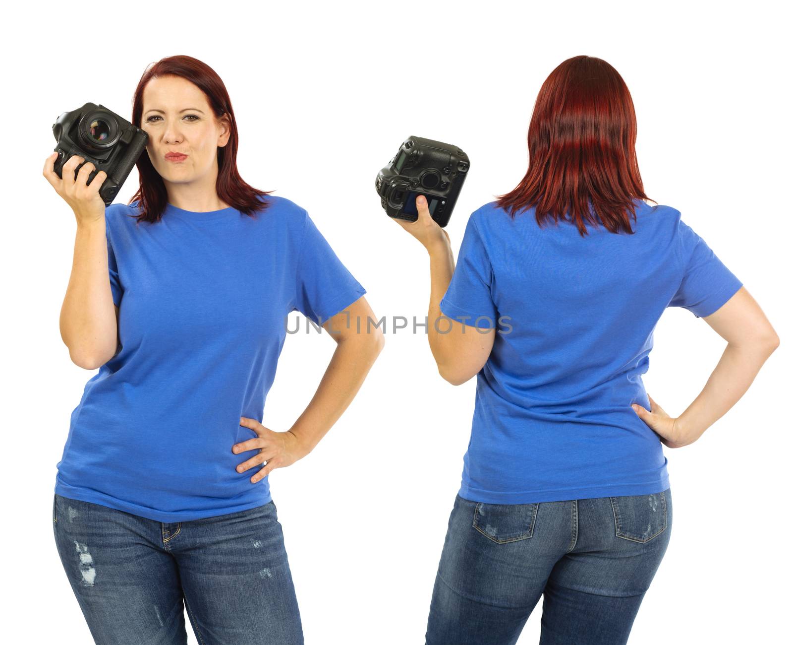 Woman wearing blank blue shirt holding camera by sumners