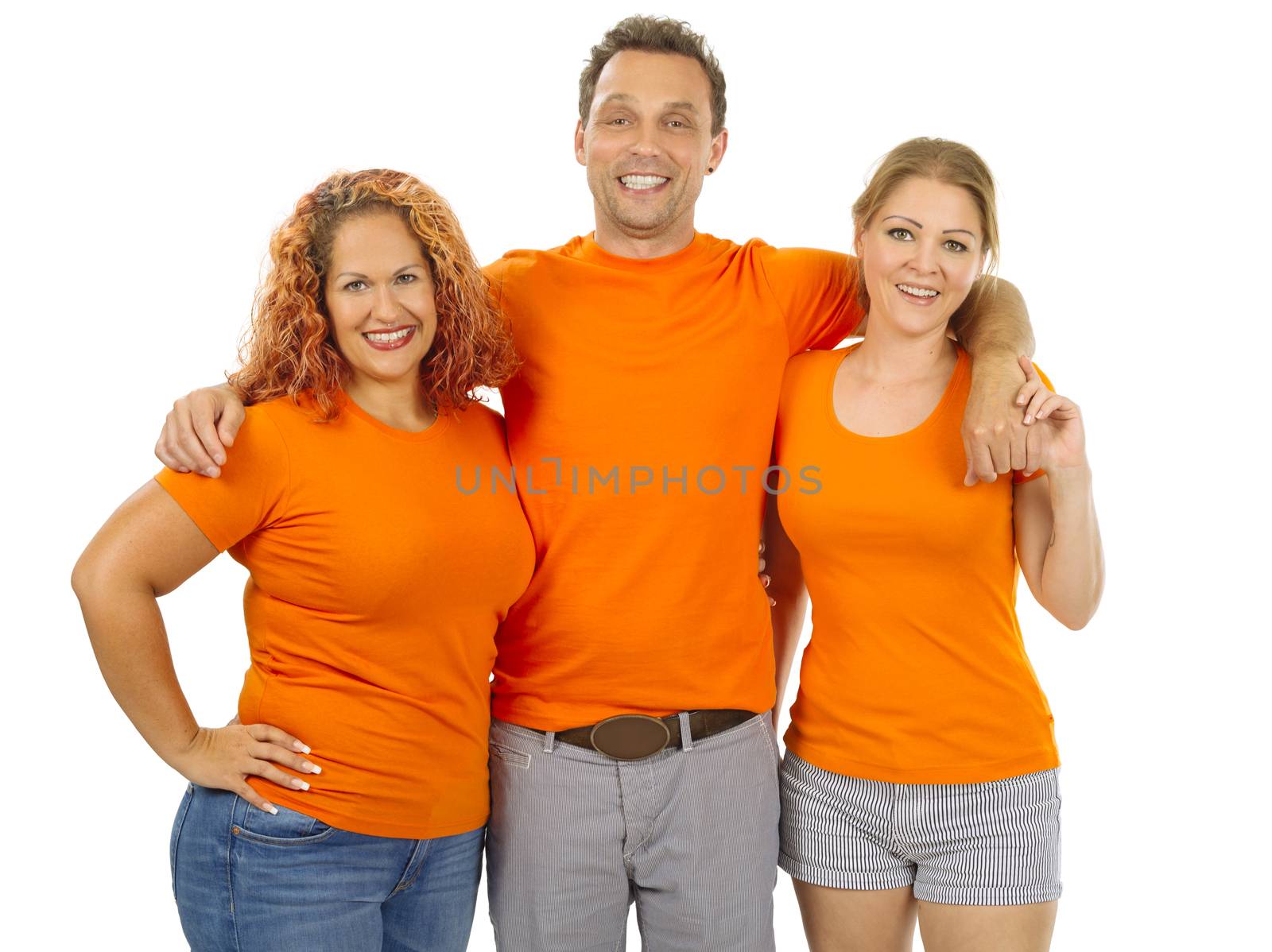 Photo of three people wearing orange blank t-shirts. Ready for your design or artwork.