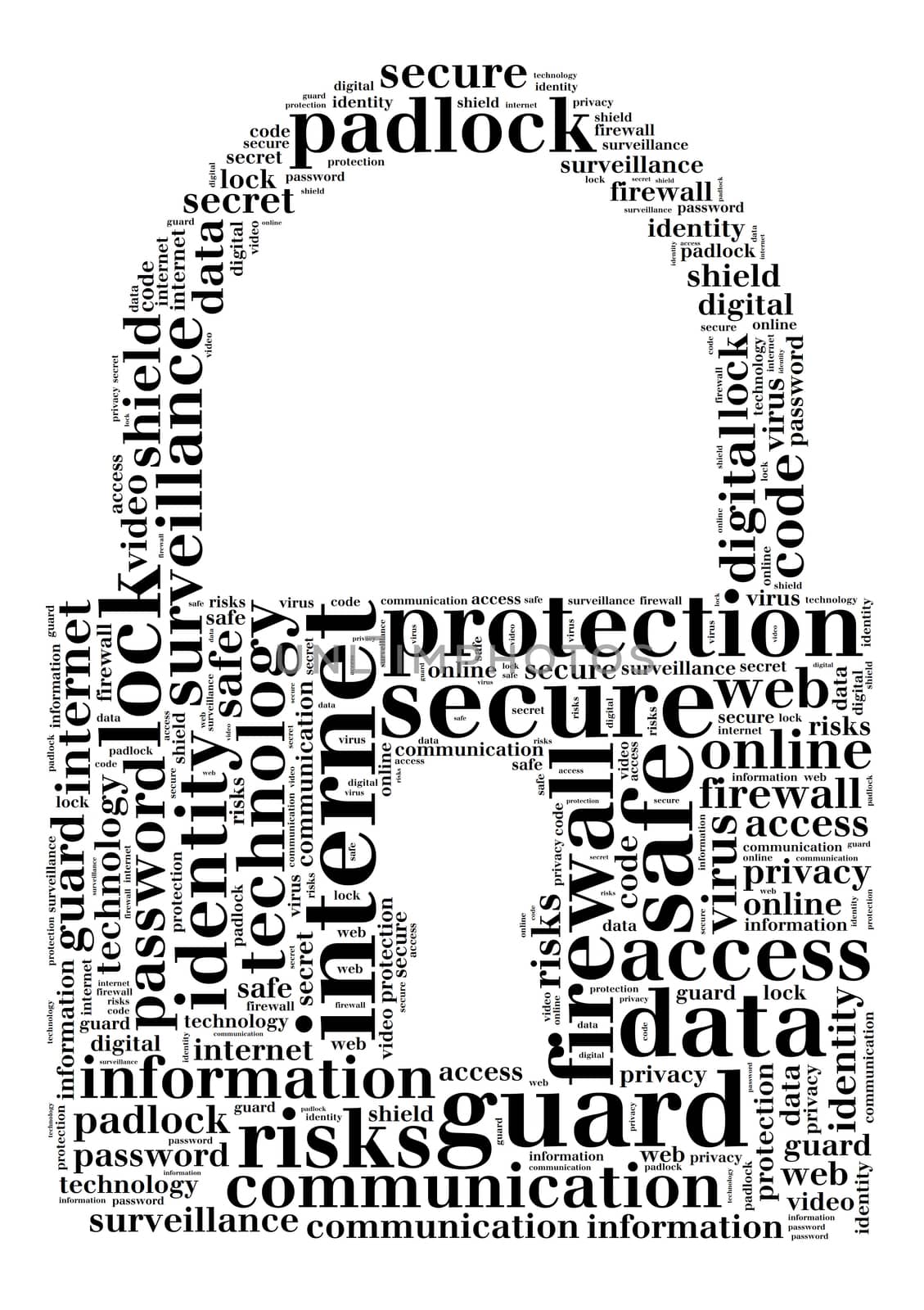 Security word cloud illustration concept over padlock shape