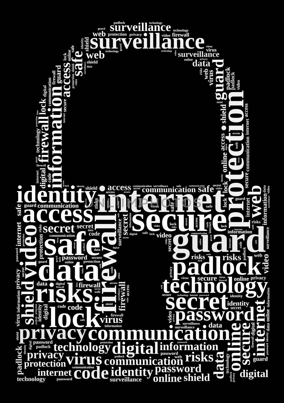 Security word cloud illustration concept over padlock shape