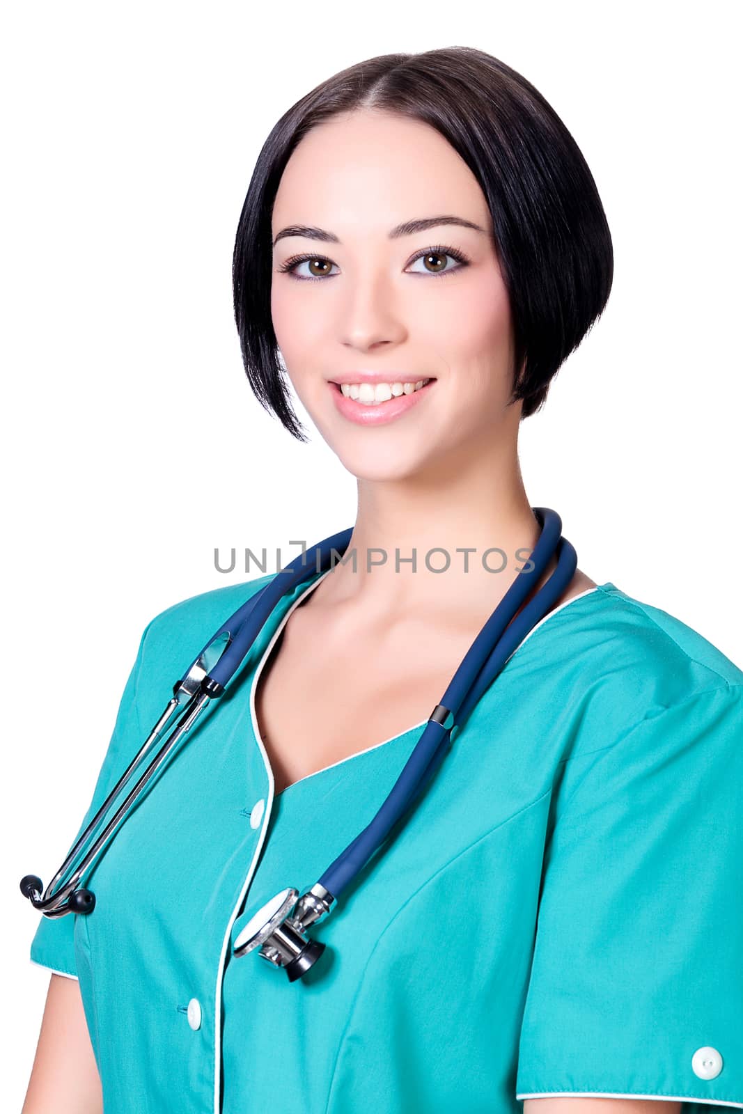 Doctor woman smiling to you, isolated on white background