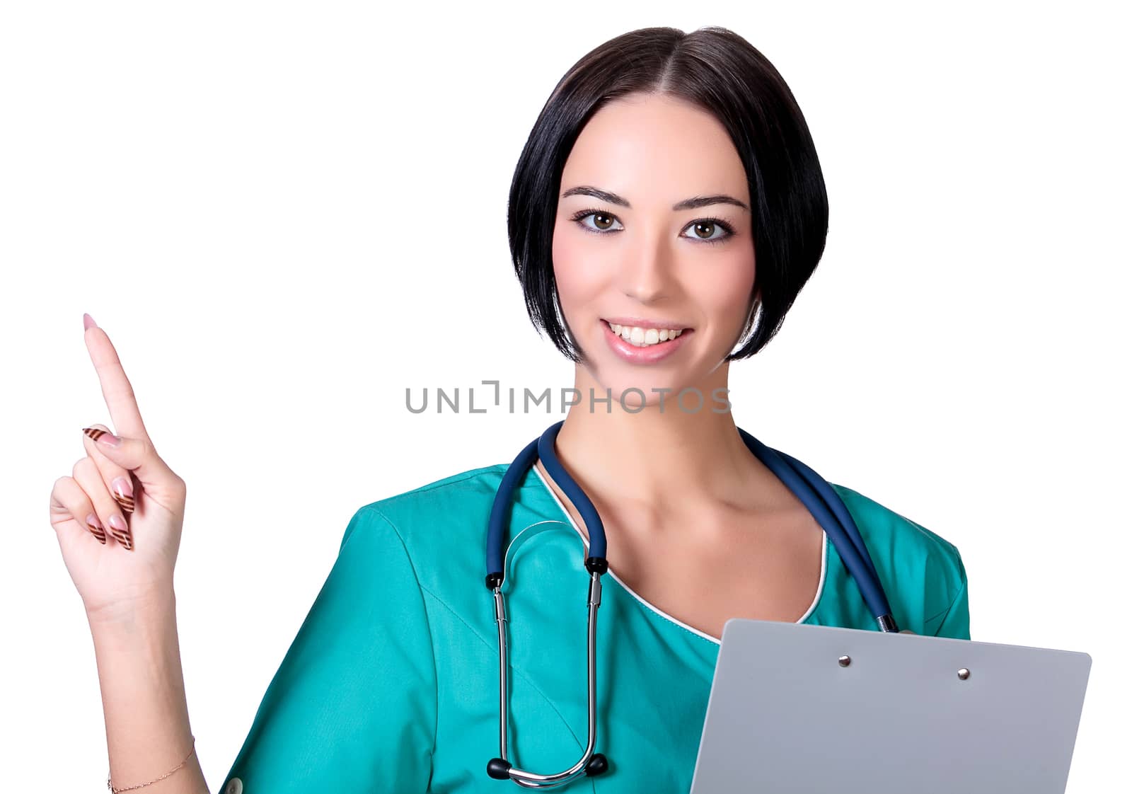 Doctor woman pointing on something, isolated on white background